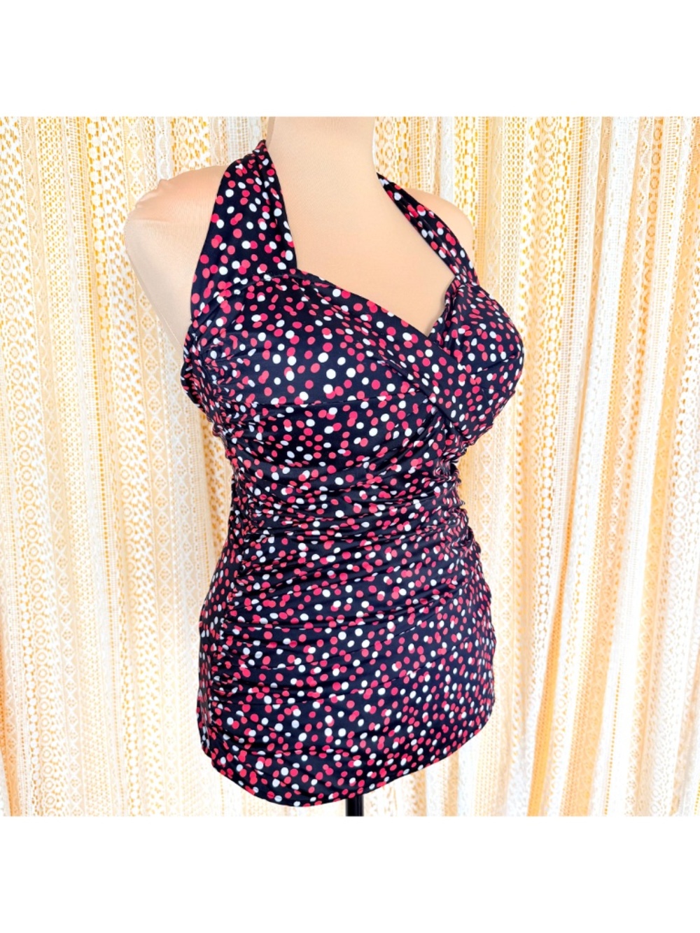 Retro Pinup Glam Polka Dot Shirred Tummy Control Halter One Piece Swimsuit Sz XL